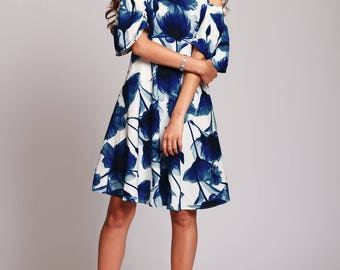 Short floral dress, blue NAVY summer dress, floral midi dress, white summer dress, womens dresses, white summer dress with floral print