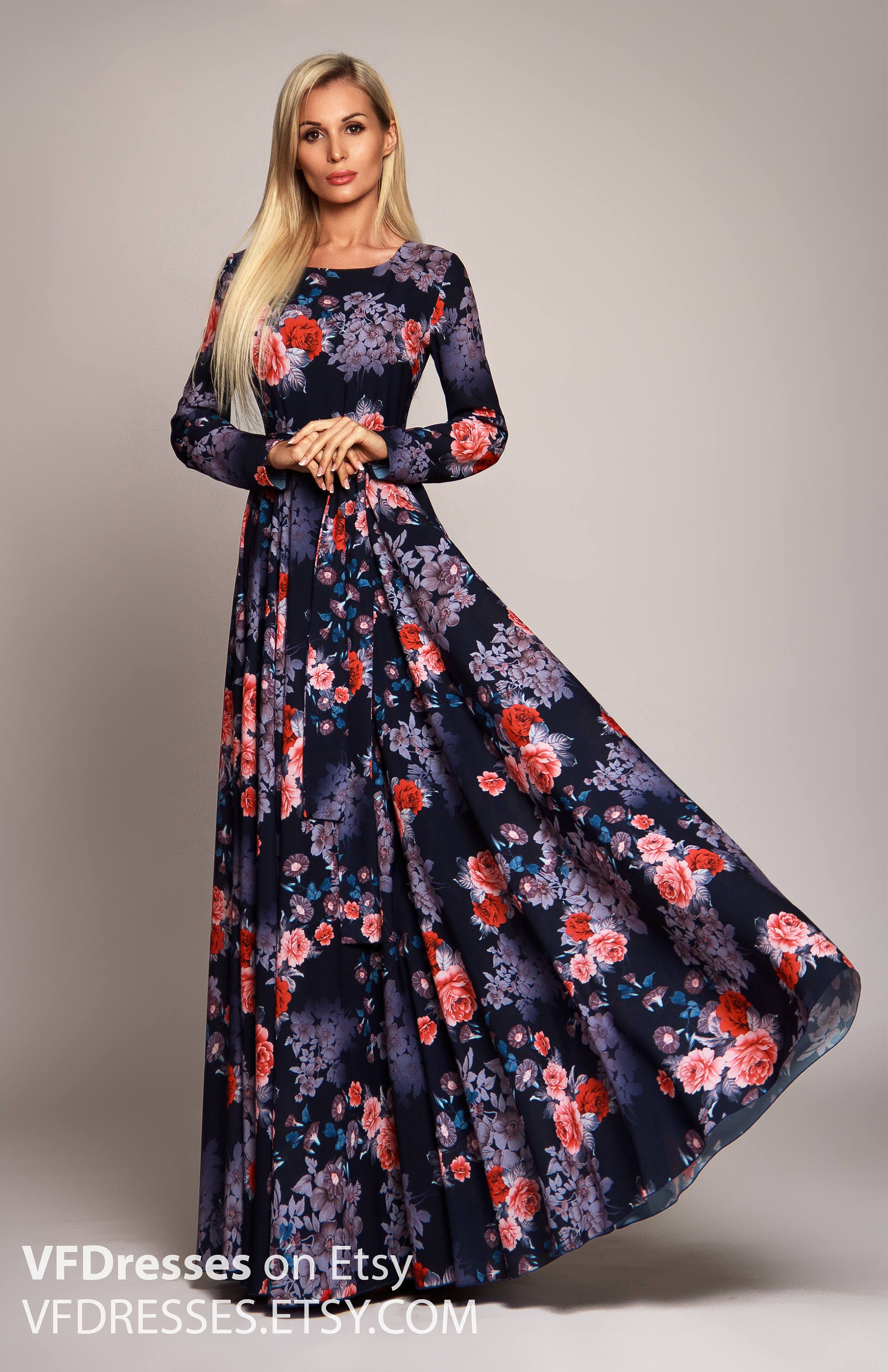 Dark blue Floral maxi dress long sleeve dress summer dress