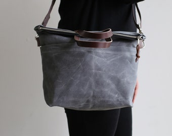 Waxed Canvas and Leather Zipper Tote/ Crossbody Zipper Tote /Waxed Canvas and Leather Tote/ Small Diaper Bag/ Mom Bag