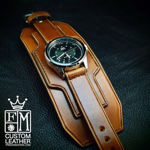 Leather cuff watch Brown leather watchband- Nathan Drake style wide layered Custom made for YOU in NYC by Freddie Matara