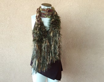 Boho Gypsy Scarf Amber Golden Brown and Green Scarf Gift for Nature Lover Fringe Scarf Accessories