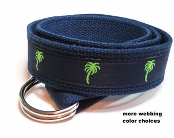 Palm Belt, Navy Blue D Ring Belt, Preppy Canvas Belt for men boys Teens, Palm Tree Webbing Belt - Palmetto Palm