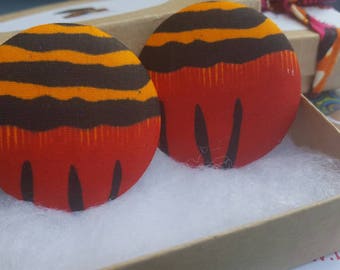 Orange and red fabric button earrings, Gifts for her, Gifts for women