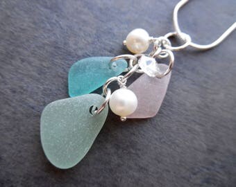 Sea Glass Pink Necklace Aqua Blue Beach Sea Glass Jewelry Pendant Sterling Sea Foam