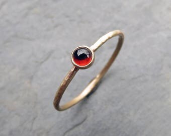 Tiny 14k Gold Garnet Ring - 3mm Round Garnet Stacking Ring in Yellow Gold - January Birthstone Mother's Ring - Hammered, Matte, or Polished