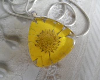 Sunshine Yellow Daisy Glass Triangle Pressed Flower Pendant-Symbolizes Loyal Love-Nature's Art-April's Birth Flower-Gifts for 25