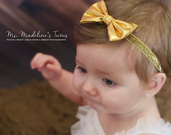 Glitter Bow, Metallic Gold Faux Leather Bow Hair Accessory for Toddler Girl, Headbands for Babies, One Year Old Girl Birthday Outfit