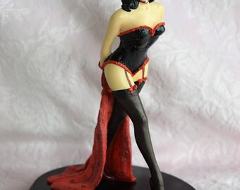 PINUP GIRL FIGURINE Iconia Resin Black Red Corset Lady Pin Up Burlesque Bust Nylon Garter Naughty Risque Woman Women Ladies LIngerie Bustier