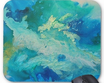 Mousepad Mouse Pad Fine Art Painting Abstract Turquoise Ocean Fine Art Contemporary Modern 'Call of the Ocean' Blue Green Gold Water Art