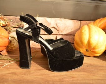 Vintage 90s Black Velvet Platform Heels