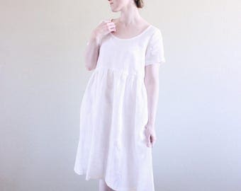White Linen Dress / Empire Waist / Pockets / Scoop neckline / Short Sleeves / Soft Linen / Loose Pullover / Made To Order