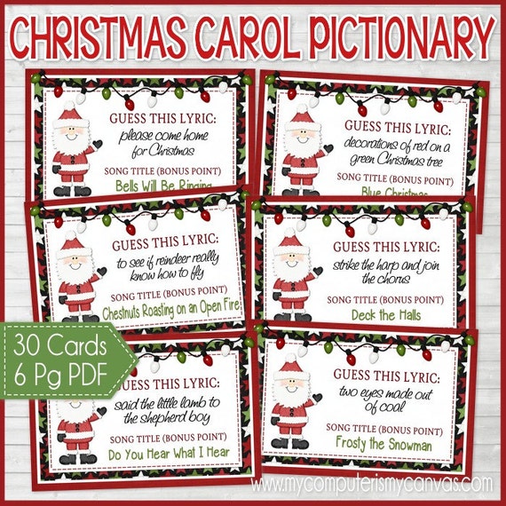 Christmas Carol Pictionary, Christmas Games, Family Game Night, Christmas Party Game, Stocking Stuffer - Printable INSTANT DOWNLOAD