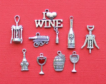 Wine Charm Collection Antique Silver Tone 9 Different Charms - COL015