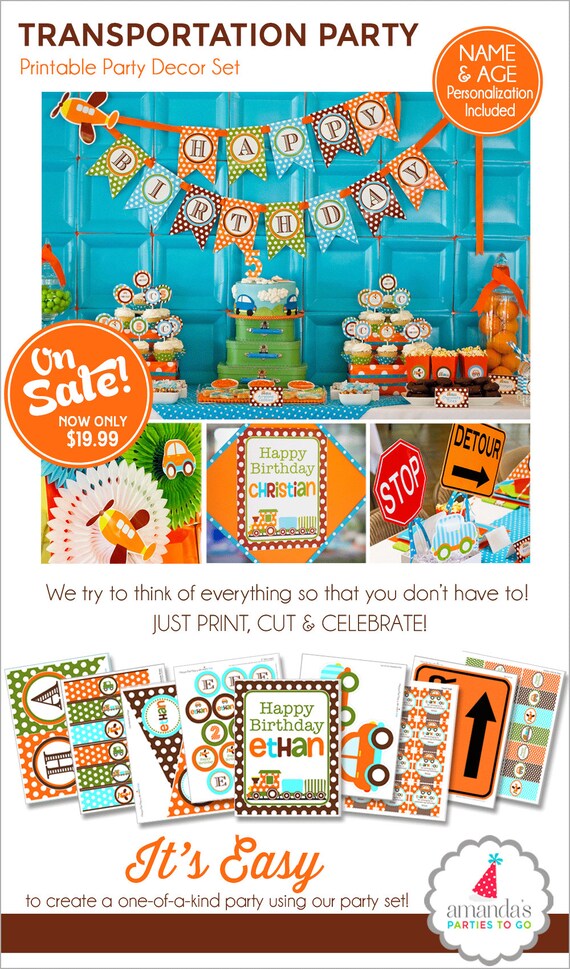 Transportation Party Printable | Transportation Birthday Decorations | Car Train Birthday | Plane Birthday Party | Amanda's Parties To Go Il_570xn