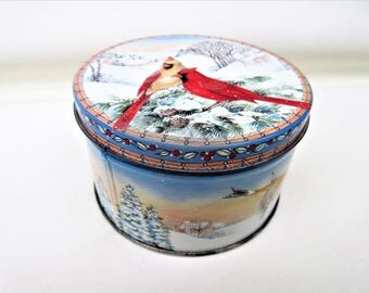 Vintage Tin Box | Cookie Tin | Snow Birds | Small Metal Box with Lid