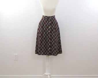 Preppy Plaid Skirt - Vintage 1970s A Line Jersey Knit Skirt in Brown