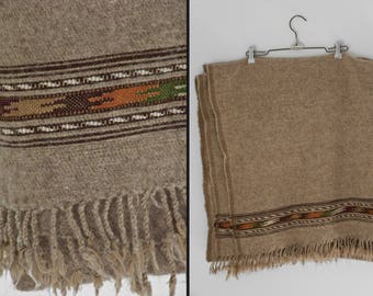 Tribal WOOL Blanket 1970s Oatmeal Brown Orange + Green Fringed Earth Tones 98 x 47