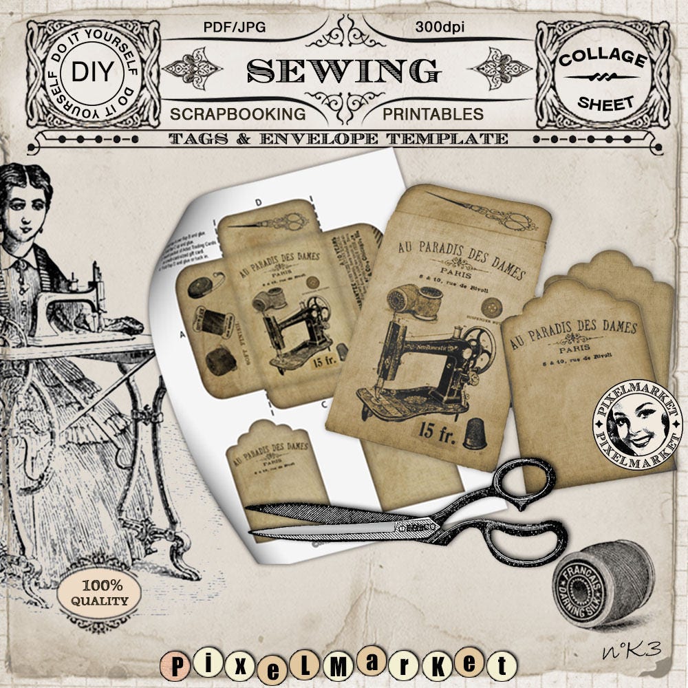 Printable Pocket &amp; Cards Vintage sewing Illustrations DIY