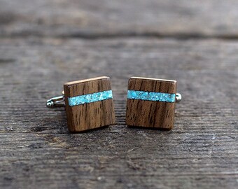 WOODEN CUFFLINKS Square Spalted WALNUT Wood with turquoise inlay Wedding Cufflinks | Mens Wood Cuff Links | Groom Cufflinks