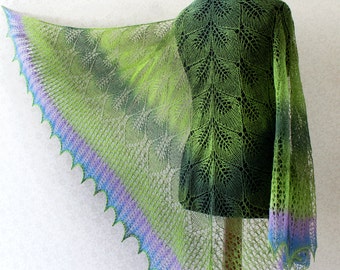 Hand Knit wool woman shawl in green-purple-blue colors