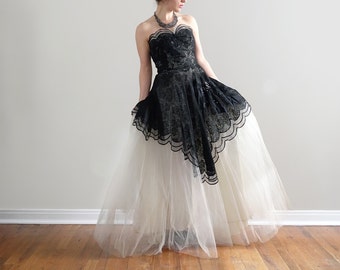 Vintage Emma Domb Evening Gown Black and White Full Length Strapless Prom Dress