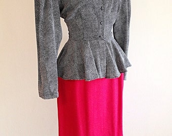 Vintage 1980s Does the 1940s Black and White Polka Dot Peplum Blouse