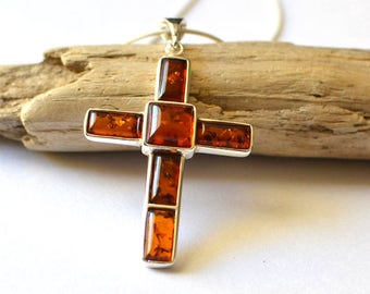 Mens Cross Necklace, Amber Necklace, Mens Necklace with Prayer Cross Pendant, Jewelry for Men, Guys, Dad, Him