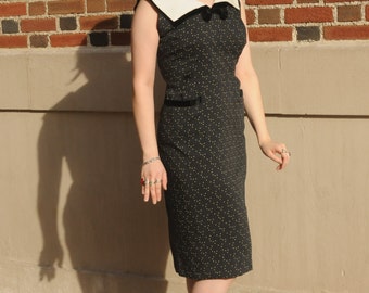 1950s Classic Hourglass Black Dress w/ White Polka Dots & Sailor Inspired Collar and Pockets 34 Waist