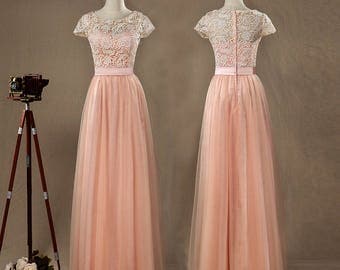 Blush Tulle Lace Bridesmaid Dress, Round Neck Short Sleeves Full Tulle skirt with Ruching,Floor Length Elegant Dress,Prom Dress,Party Dress