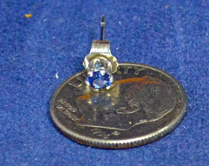 Man's Blue Sapphire Stud, Petite 3mm Round, Set in Sterling Silver E998M
