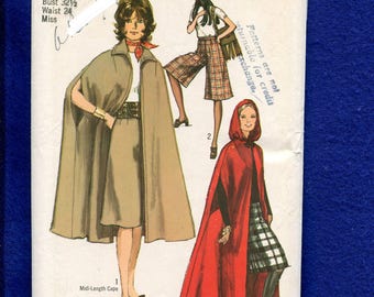 1970's Simplicity 9249 British Invasion Cape or Hooded Cloak & Culottes Size 10 UNCUT