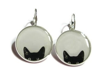 CAT EARRINGS - Peeking Cat earrings - black cat earrings - cat jewelery - black cats - peeking cat - cat lover - black - white