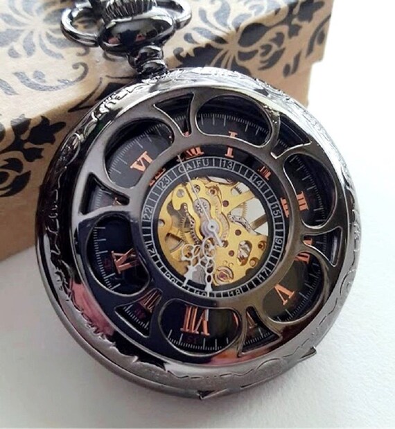 Black Pocket Watch with Chain Personalized by PocketwatchPurveyor