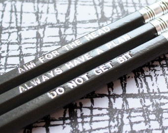 Funny zombie gift, foil engraved pencil, Boyfriend/girlfriend birthday gift, zombie survival rules pencil set