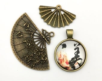 3 geisha and fans charms and pendant collection bronze tone,20mm to 40mm # ENS B277