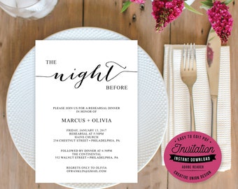 Rehearsal Dinner Invitation - Rehearsal Invitation - Editable Wedding Rehearsal - 5x7 Invitation - DIY - Instant Download - Minimal Elegance