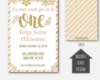 Winter Onederland Invitation, Winter Wonderland Invitations, Pink and Gold Invitations, Winter ONEderland
