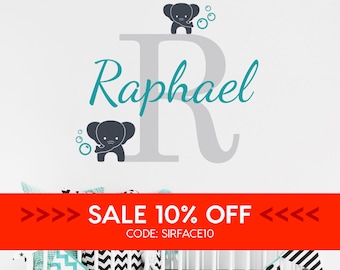 Personalised Name Initial & Elephants Wall Decal - Nursery Name Wall Decal - Elephants Vinyl Wall Sticker