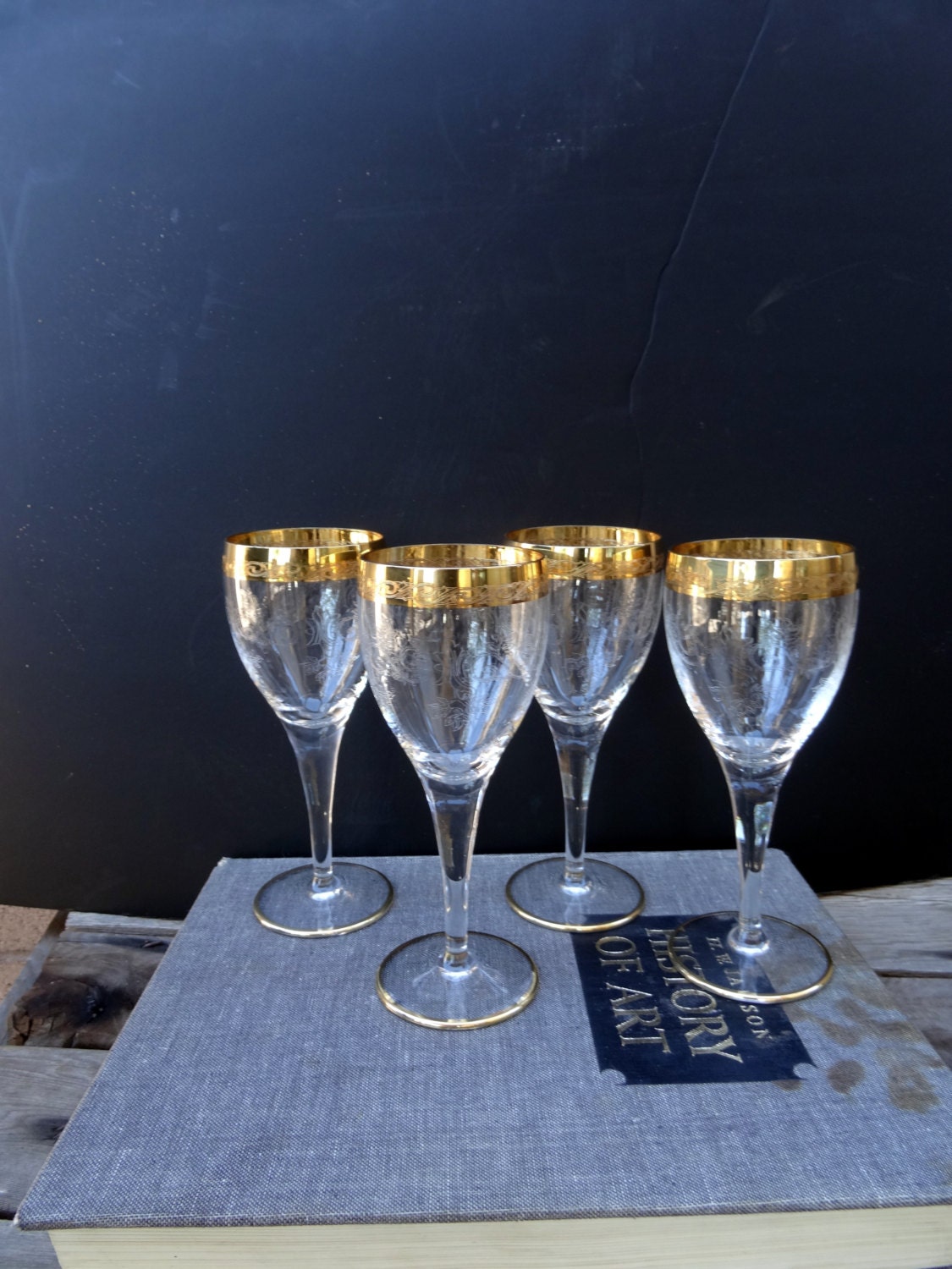 Vintage Gold Banded Needle Etched 4 Wine Glasses Etched Wine