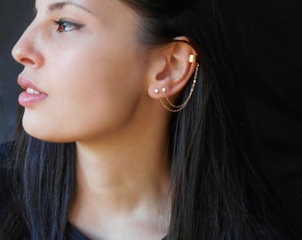 Double piercing cuff earrings, Gold Chain cuff earrings, Cubic Zirconia cuff earrings