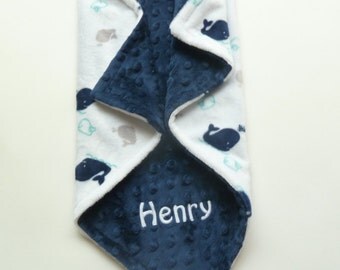 Personalized Baby Blanket or Lovey - Whale Print Baby Blanket- Baby Whale Blanket - Baby Boy Blanket- Personlalized Minky Baby Blanket