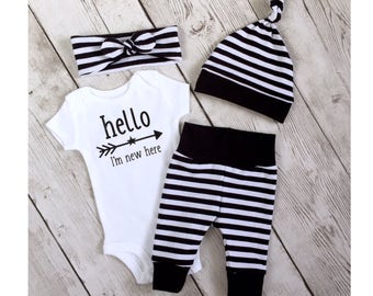 Gender neutral newborn outfit, newborn baby gift, black and white stripe, hospital baby set, coming home set, monochrome newborn