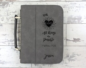 Bible Cover Grey Leather Bible Cover Personalized Bible Cover - With God All Things Are Possible - Christmas Gift - Confirmation Gift