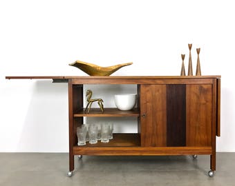 Vintage Walnut & Rosewood Expanding Drop Leaf Bar Cart 1960's