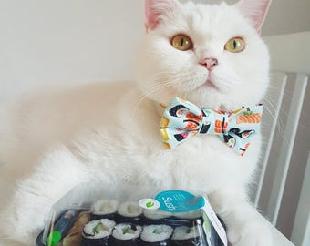 Cat Collar with Bow Tie - "Sushi" - Safety Buckle/Breakaway - Light Blue Cat Bow Tie Collar- Cotton - Fun Cat Bow Tie Collar - Cute