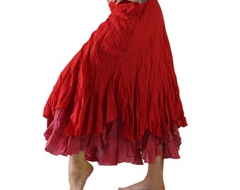 2 LAYER SKIRT Red - Gypsy Skirt, Renaissance Festival Costume, Layered, Belly Dance, PIrate Costume, Wench, Peasant, Asymmetrical, Larp