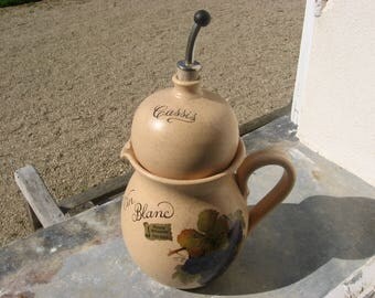 Unique French Kir Serving Set, Cassis round jug & cork pourer set in Vin Blanc (white wine) decanter. Artisan pottery made by hand in France
