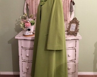 Green Minimalist Coat, Bill Blass Coat, Long Wool Coat, XL, Plus Size, Long Swing Coat w Bell Bracelet Sleeves, Womens Plus Outer Wear