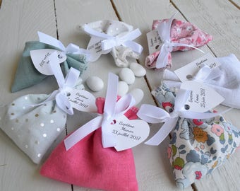 Pencils for dragées fabric liberty flowers flax / personalized label first name date / sachet dragées wedding baptism communion