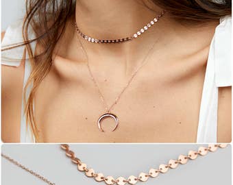 Upside Down Moon Necklace, Crescent Moon Necklace, Gold Layered Necklace, Dainty Choker, Rose Gold Coin Choker Necklace- Coin / B10